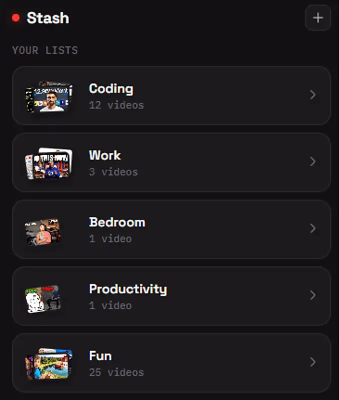 The Stash popup showing custom lists like Coding, Work, Productivity, and Fun