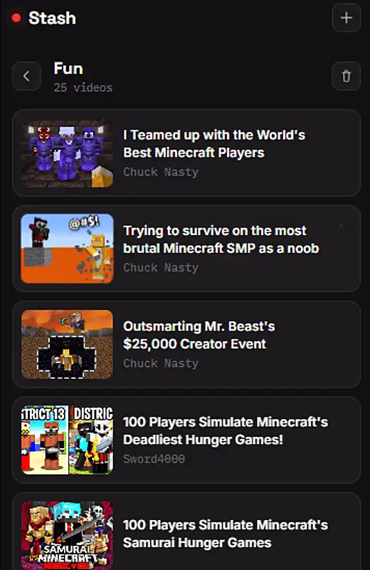 Actual Stash screenshot showing videos saved in the Fun list